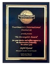 Toastmasters International Dist 82  awarded Maatram Foundation founder Sujith for his efforts to champion social change and efforts to connect with the Toastmasters fraternity.